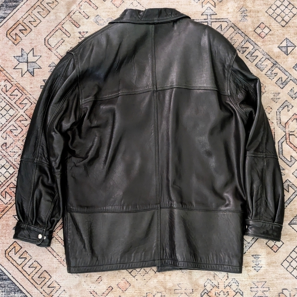 90s Grunge Oversized Style Black Leather Jacket Coat Large Mens Size 38 - Picture 3 of 11